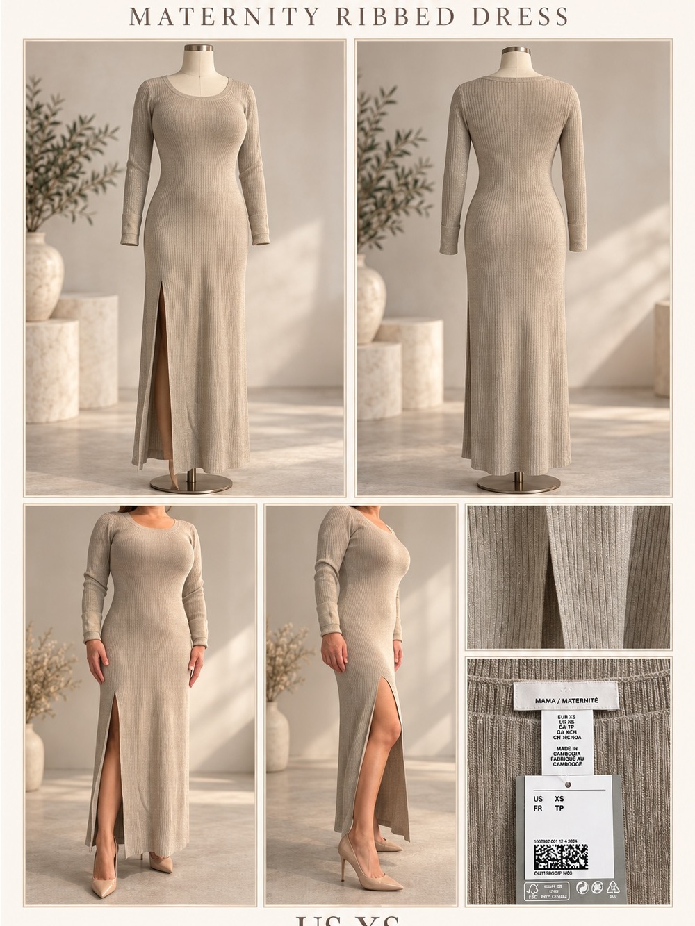 H&M Ribbed Maxi Maternity Dress in Taupe Beige